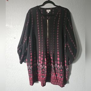 Avenue Women Pintucked Top Blouse Shirt Size 26/28 Black Front Zip 3/4 Sleeve